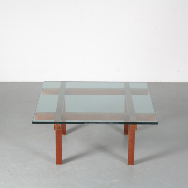 Vintage wood and glass coffee table by Alfred Hendrickx, Belgium 1950