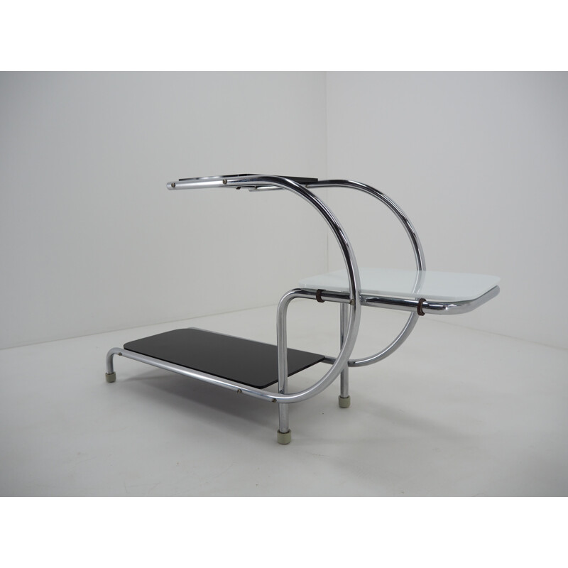 Vintage Bauhaus chrome side table stand with opaque glass 1930