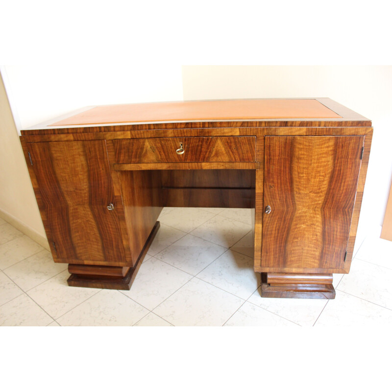 Vintage walnut burr-walnut veneer 2 doors desk with shelves 1940