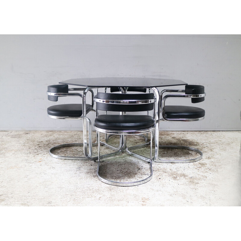 Mid-century Italian modern glass dining table with chrome and leatherette chairs 1970s