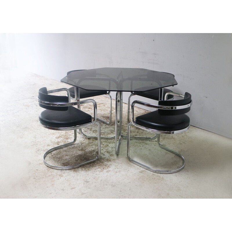 Mid-century Italian modern glass dining table with chrome and leatherette chairs 1970s