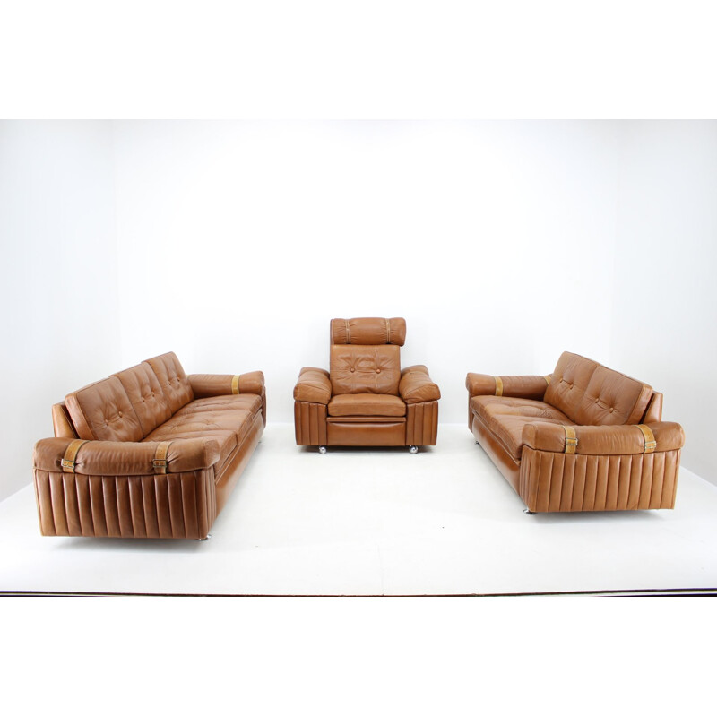 Vintage Living Room Set in Cognac Leather 1970s