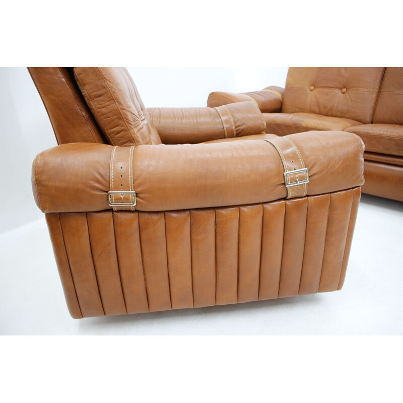 Vintage Living Room Set in Cognac Leather 1970s