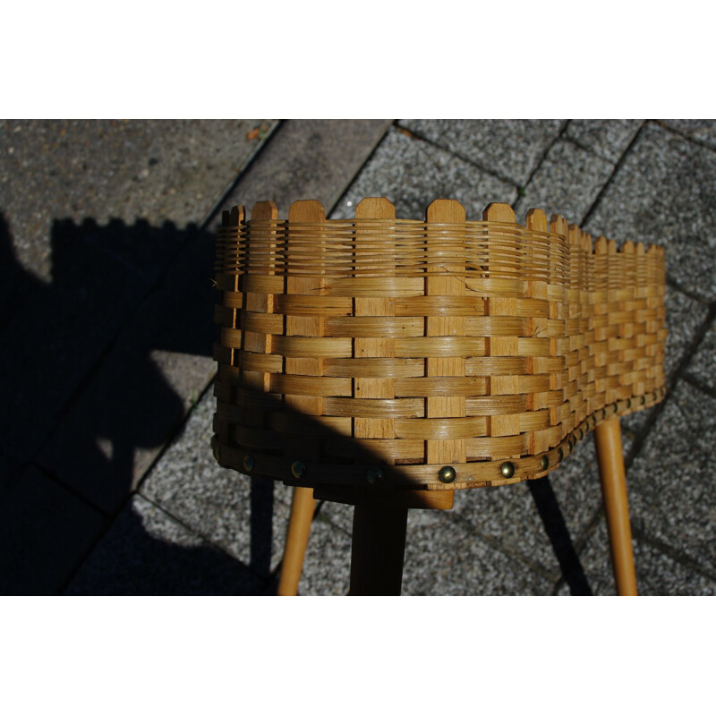 Vintage Small tripod table in wood and wicker 1950s