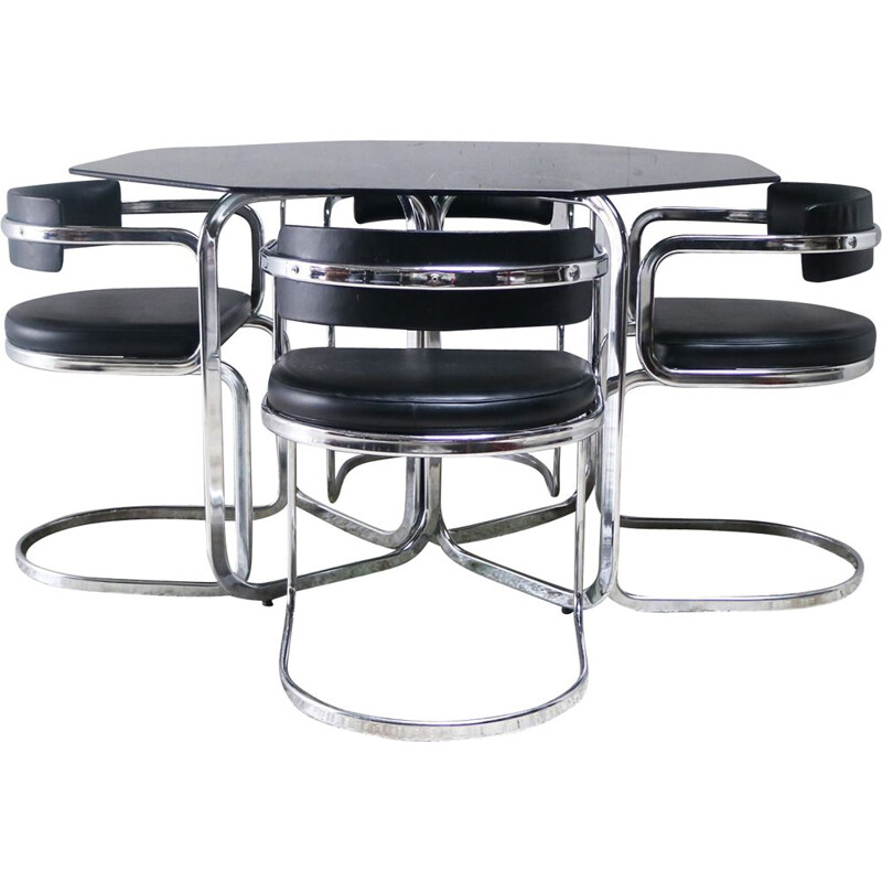 Mid-century Italian modern glass dining table with chrome and leatherette chairs 1970s