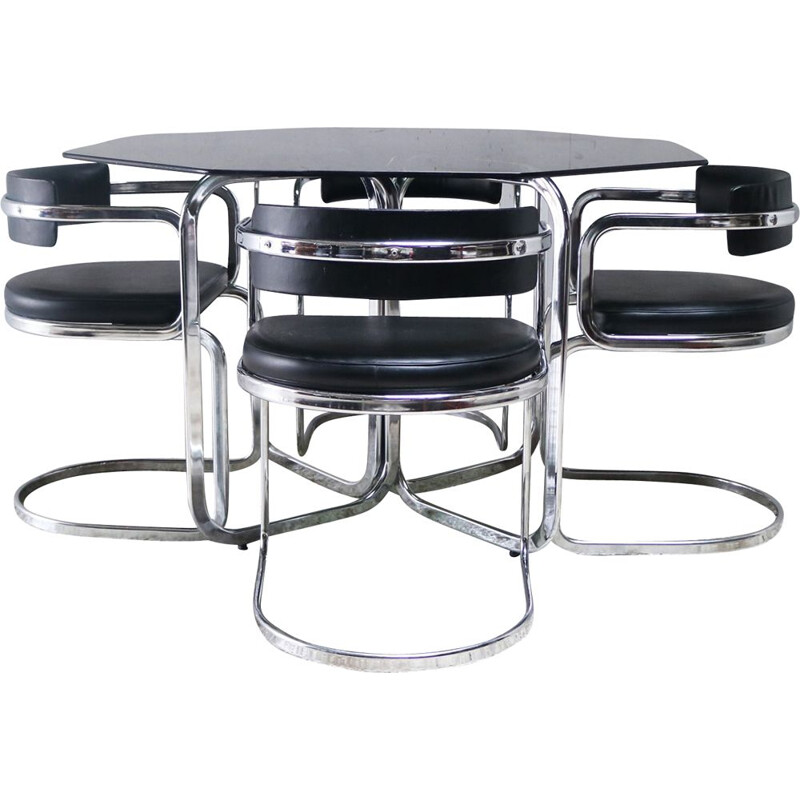 Table vintage italienne moderne en verre avec des chaises en chrome et en similicuir 1970