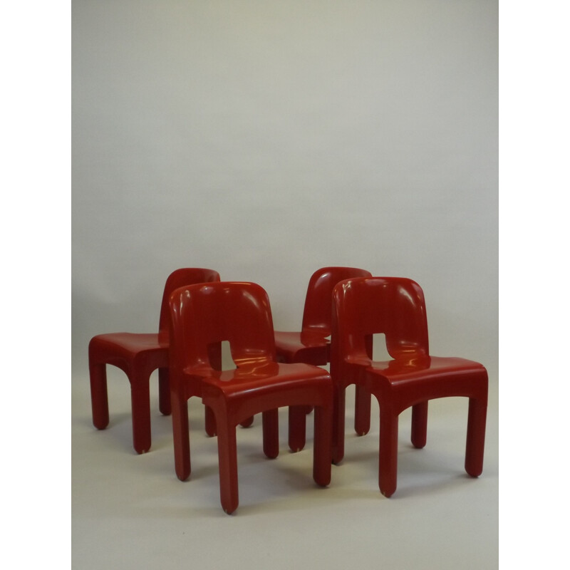 Set of 4 Kartell red "Universal" chairs, Joe COLOMBO - 1960s