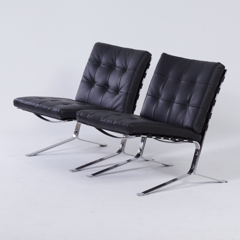 Pair of vintage Joker Lounge Chairs by Olivier Mourgue for Airborne in Black Leather 1960s