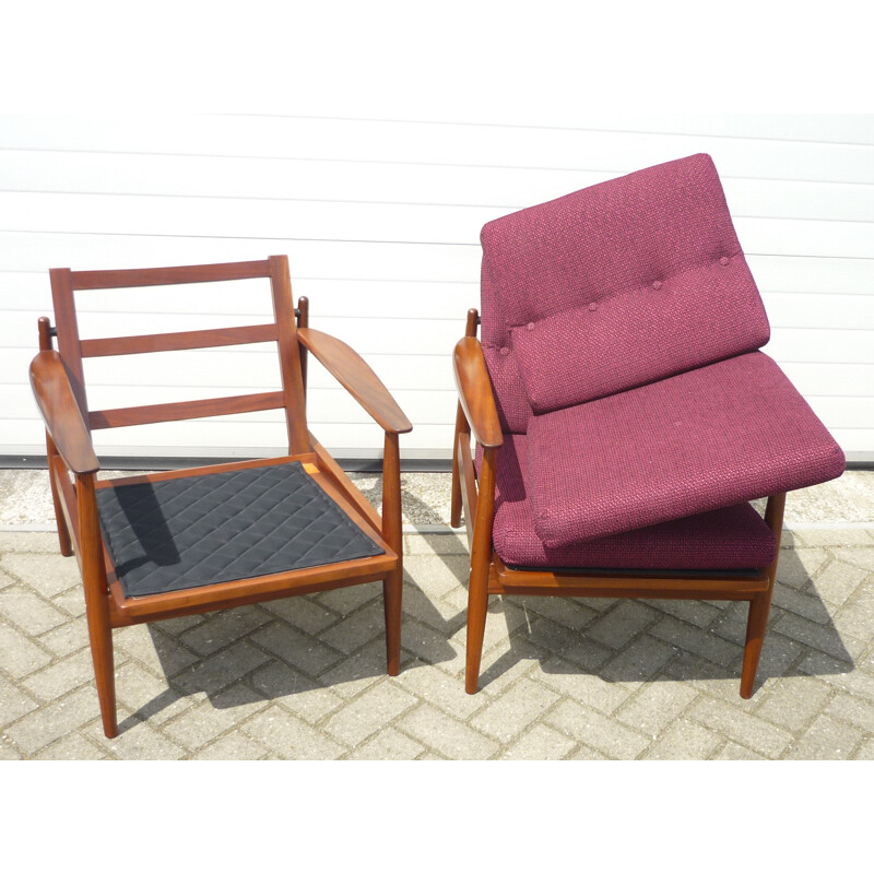 Pair of scandinavian armchairs in teak and fabric - 1960s