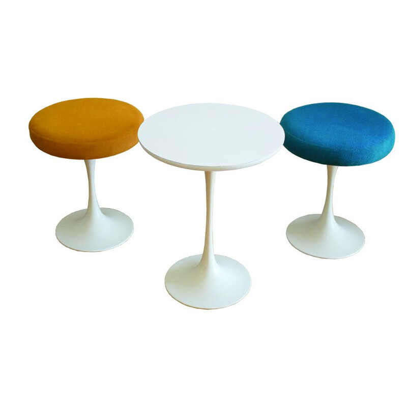 3 Vintage Tulip Side Tables with two-legged stool by Maurice Burke for Arkana 1970