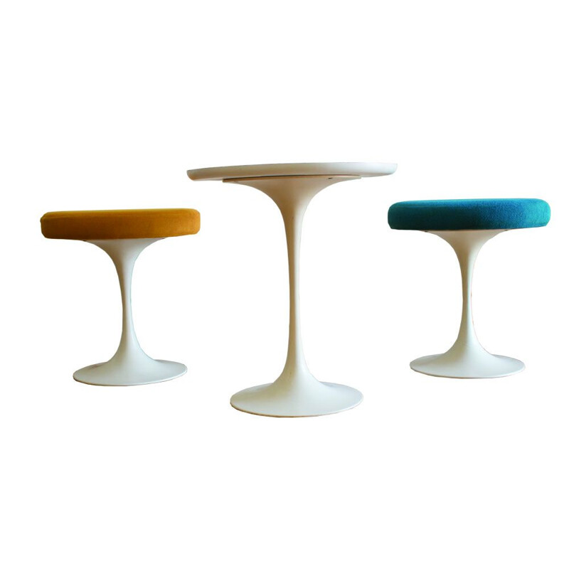 3 Vintage Tulip Side Tables with two-legged stool by Maurice Burke for Arkana 1970