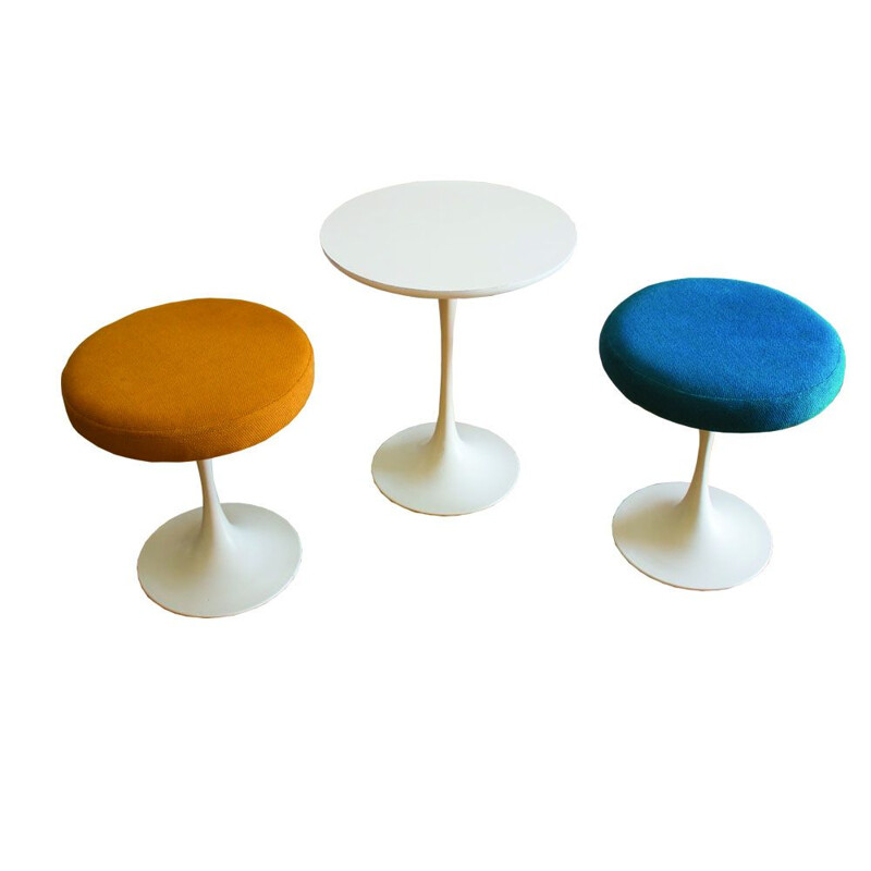 3 Vintage Tulip Side Tables with two-legged stool by Maurice Burke for Arkana 1970