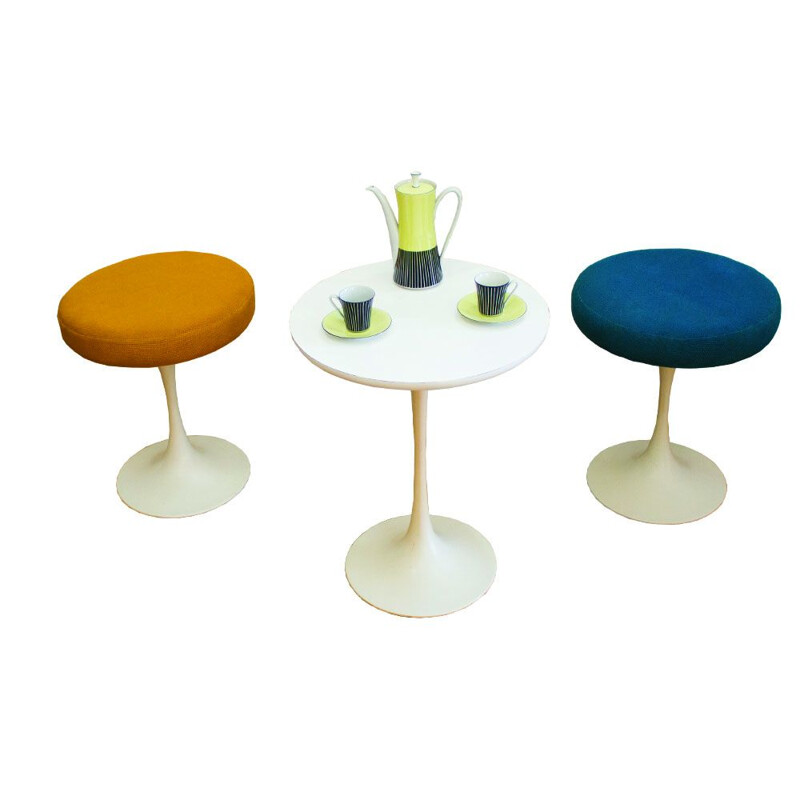 3 Vintage Tulip Side Tables with two-legged stool by Maurice Burke for Arkana 1970