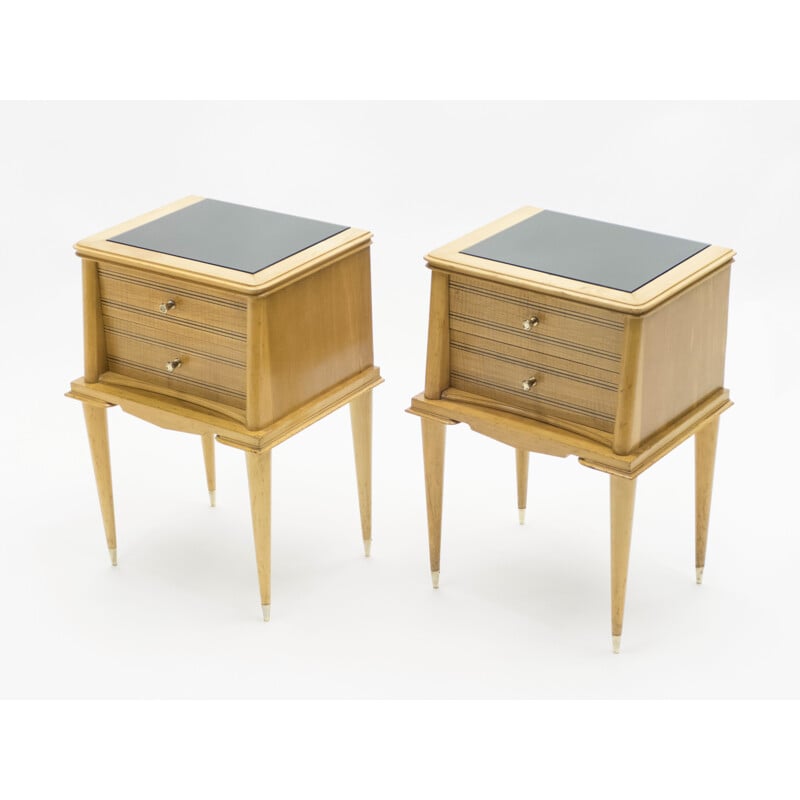 Pair of vintage sycamore bedside tables, brass by Suzanne Guiguichon, 1950