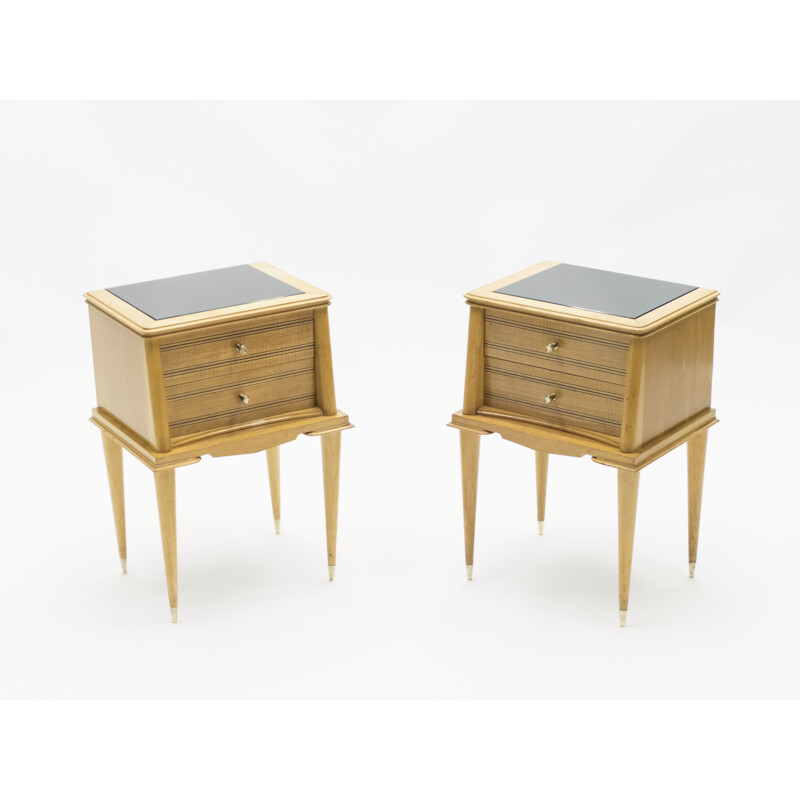 Pair of vintage sycamore bedside tables, brass by Suzanne Guiguichon, 1950