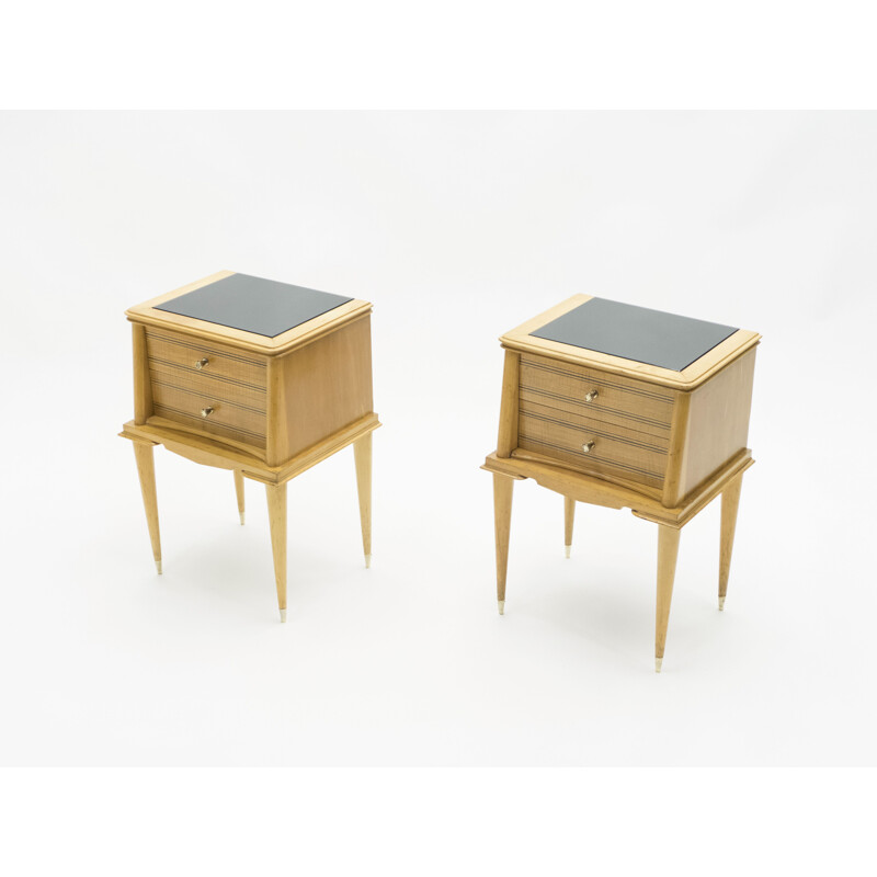 Pair of vintage sycamore bedside tables, brass by Suzanne Guiguichon, 1950