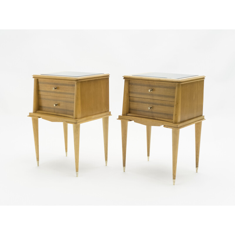 Pair of vintage sycamore bedside tables, brass by Suzanne Guiguichon, 1950