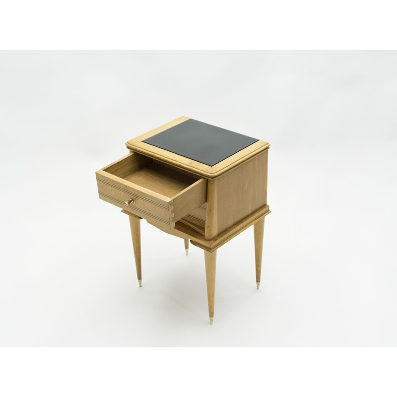 Pair of vintage sycamore bedside tables, brass by Suzanne Guiguichon, 1950