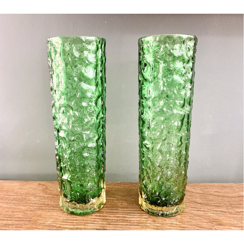 Pair of Vintage Green Bark Glass Vases