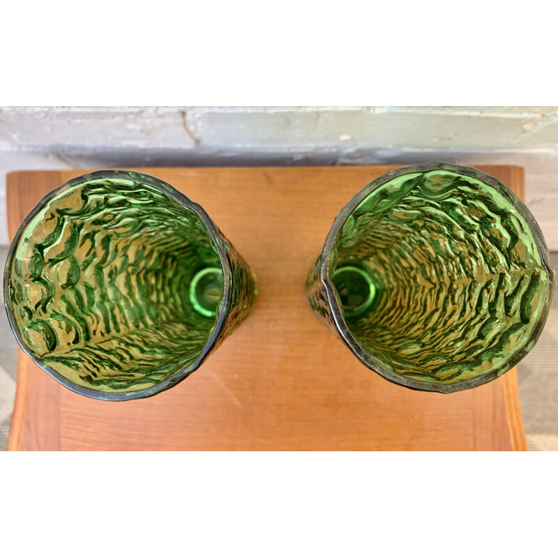 Pair of Vintage Green Bark Glass Vases
