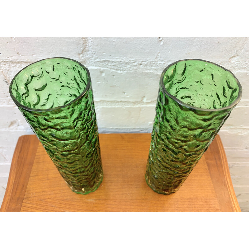 Pair of Vintage Green Bark Glass Vases