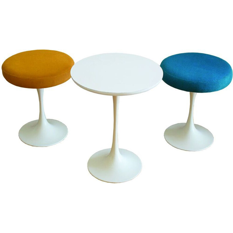 3 Vintage Tulip Side Tables with two-legged stool by Maurice Burke for Arkana 1970