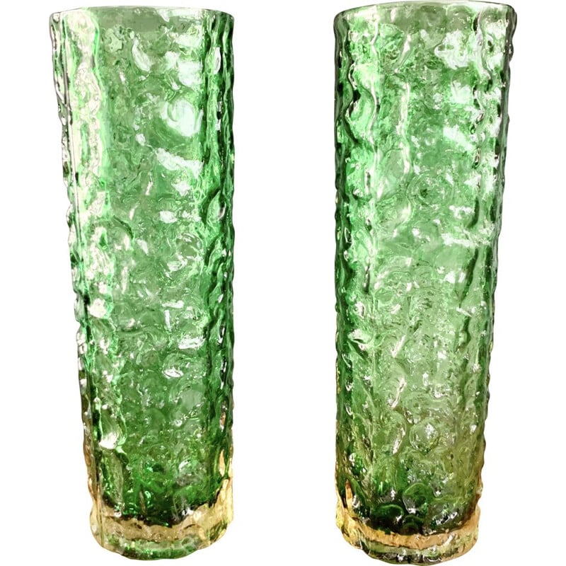 Pair of Vintage Green Bark Glass Vases