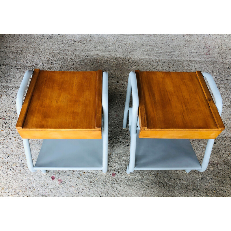 Pair of vintage wooden and metal bedside tables 1950's