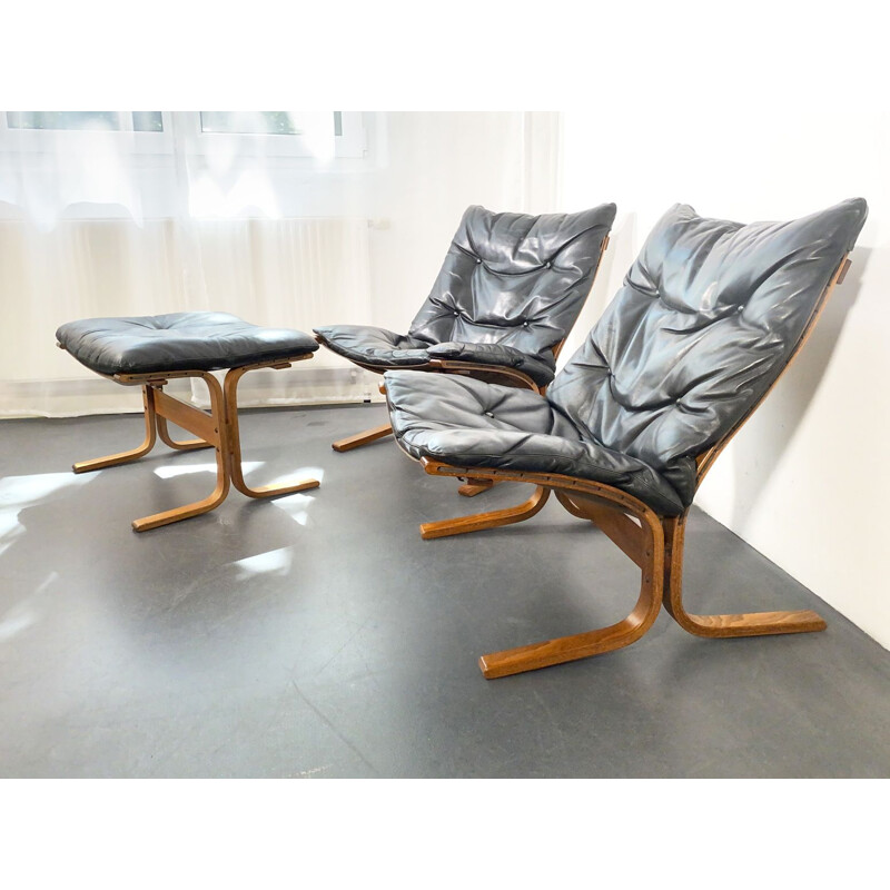 2 fauteuils vintage Siesta en cuir et repose-pied par Ingmar Relling pour Westnofa, Norvège, 1960
