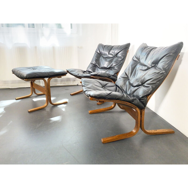 2 Siesta Leather Armchairs + Ottoman Set by Ingmar Relling for Westnofa, Norway, 1960s