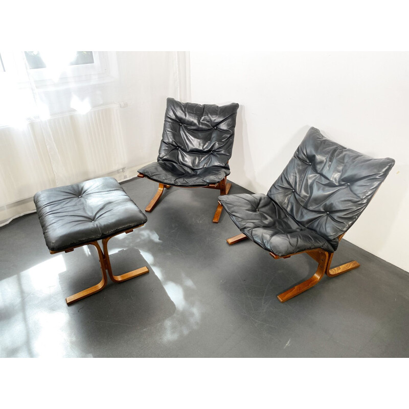 2 Siesta Leather Armchairs + Ottoman Set by Ingmar Relling for Westnofa, Norway, 1960s