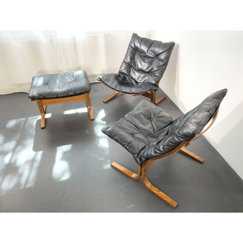 2 Siesta Leather Armchairs + Ottoman Set by Ingmar Relling for Westnofa, Norway, 1960s