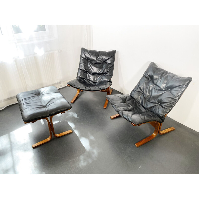 2 fauteuils vintage Siesta en cuir et repose-pied par Ingmar Relling pour Westnofa, Norvège, 1960