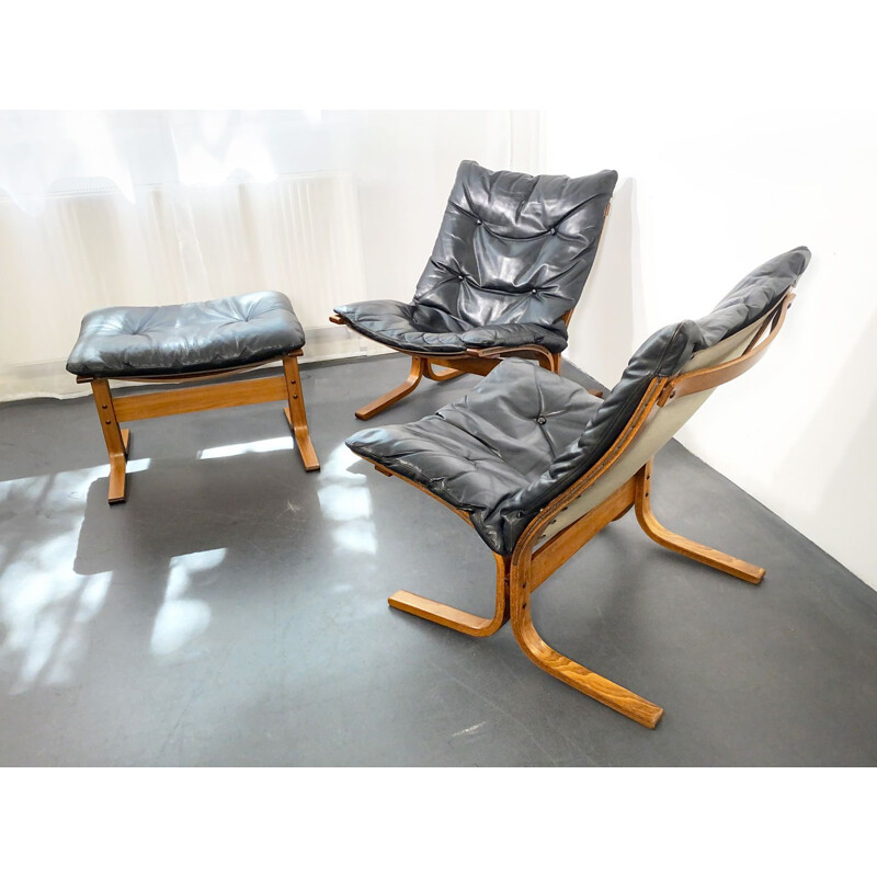 2 Siesta Leather Armchairs + Ottoman Set by Ingmar Relling for Westnofa, Norway, 1960s