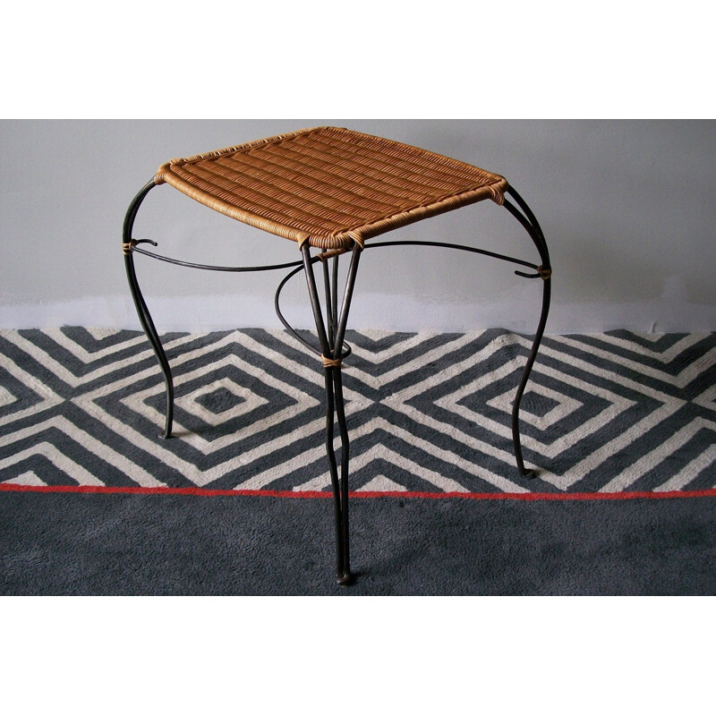 Vintage rattan and black metal wine table Scandinavian