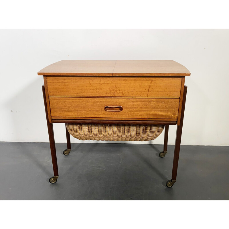 Mid Century Teak Sewing Table with Basket, Denmark, 1950s