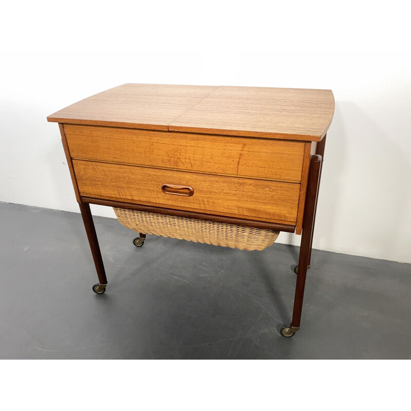 Mid Century Teak Sewing Table with Basket, Denmark, 1950s