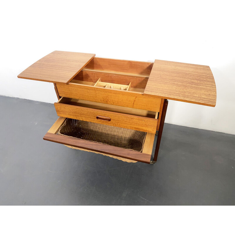 Mid Century Teak Sewing Table with Basket, Denmark, 1950s