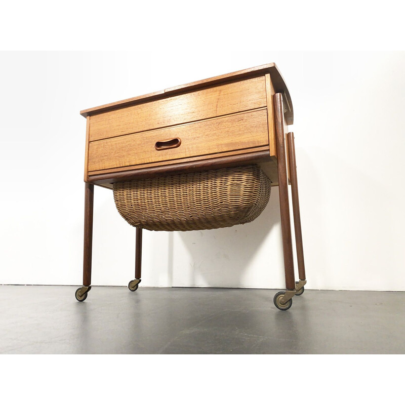 Mid Century Teak Sewing Table with Basket, Denmark, 1950s