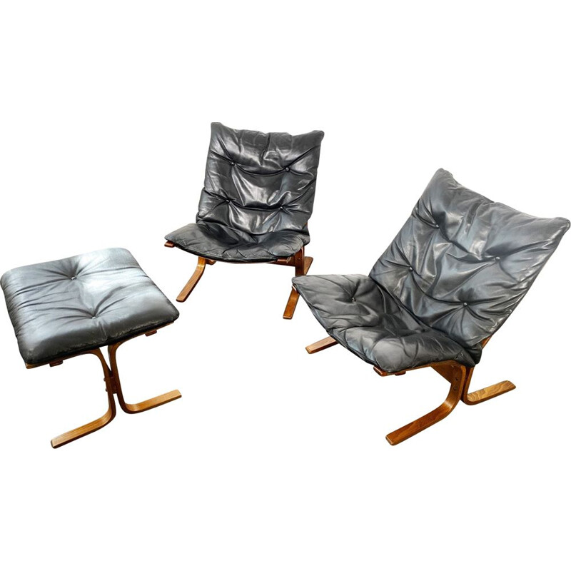 2 Siesta Leather Armchairs + Ottoman Set by Ingmar Relling for Westnofa, Norway, 1960s