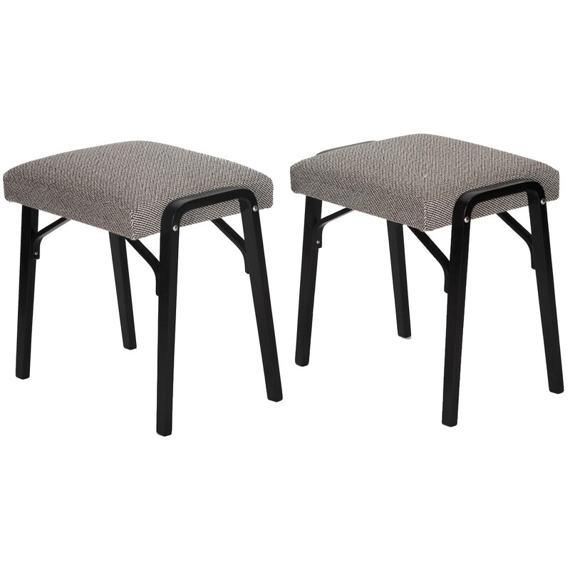Pair of stools in oakwood and grey fabric - 1970s
