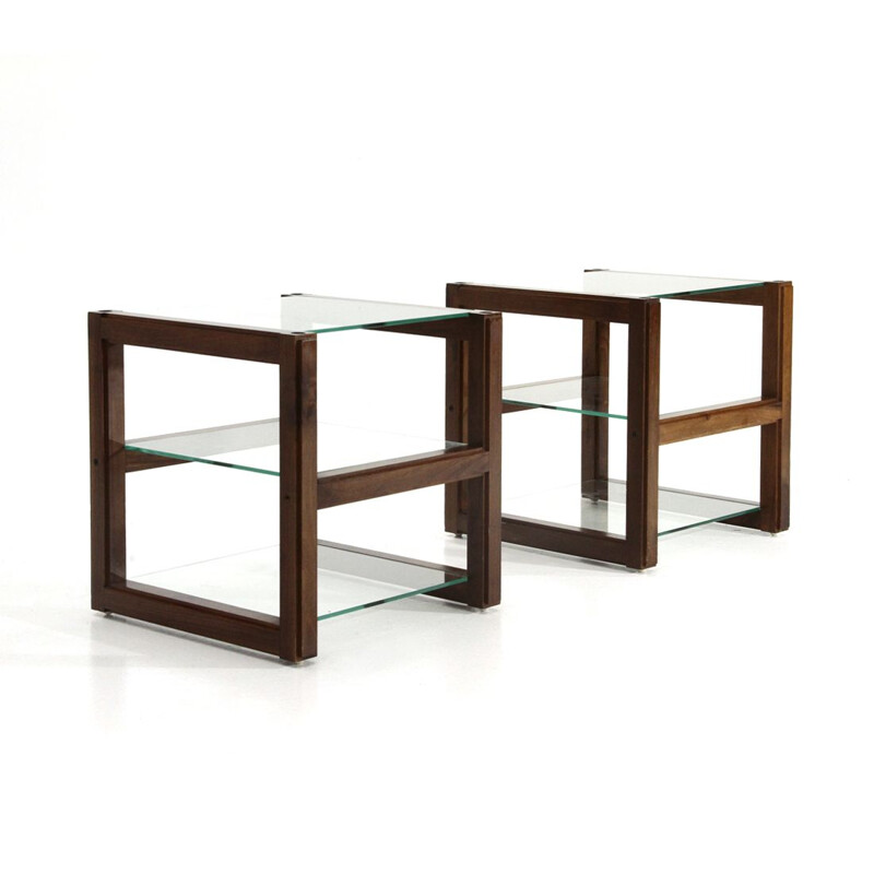 Pair of vintage bedside tables with glass tops, 1960s