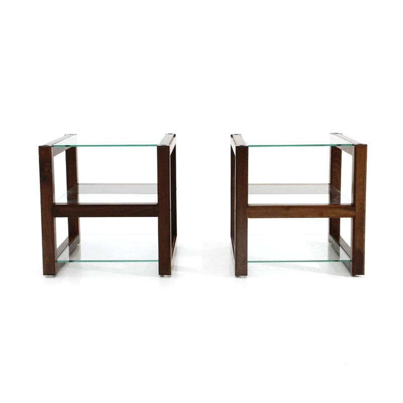 Pair of vintage bedside tables with glass tops, 1960s