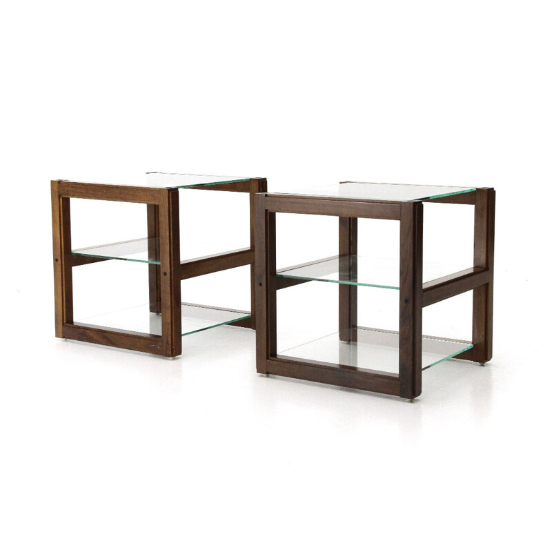 Pair of vintage bedside tables with glass tops, 1960s