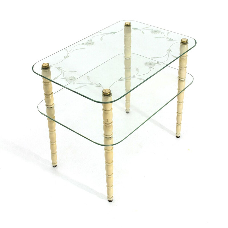 Table basse vintage avec pieds en bois laqué blanc et plateaux en verre 1930