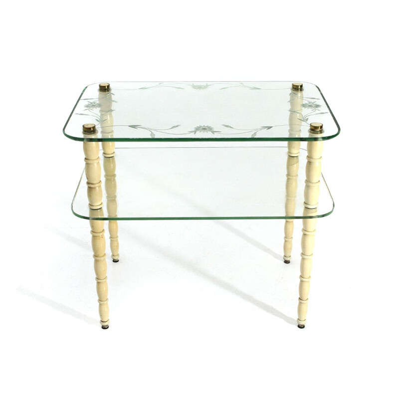 Vintage Coffee table with legs in white lacquered wood and glass tops, 1930s