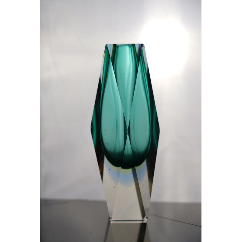 Vase vintage en verre de Murano "sommerso" vert vintage de Flavio Poli. Italie 1960