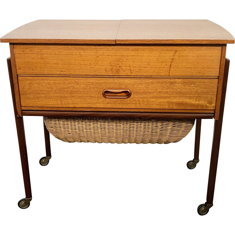 Mid Century Teak Sewing Table with Basket, Denmark, 1950s