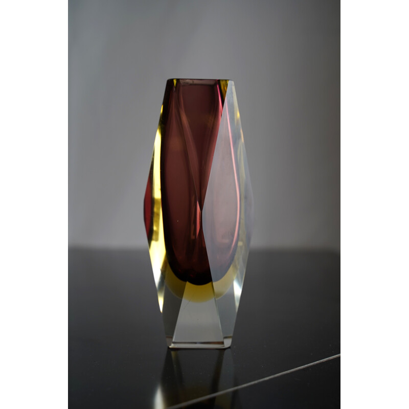 Vintage purple and yellow "sommerso" murano glass vase by Flavio Poli. Italy 1960