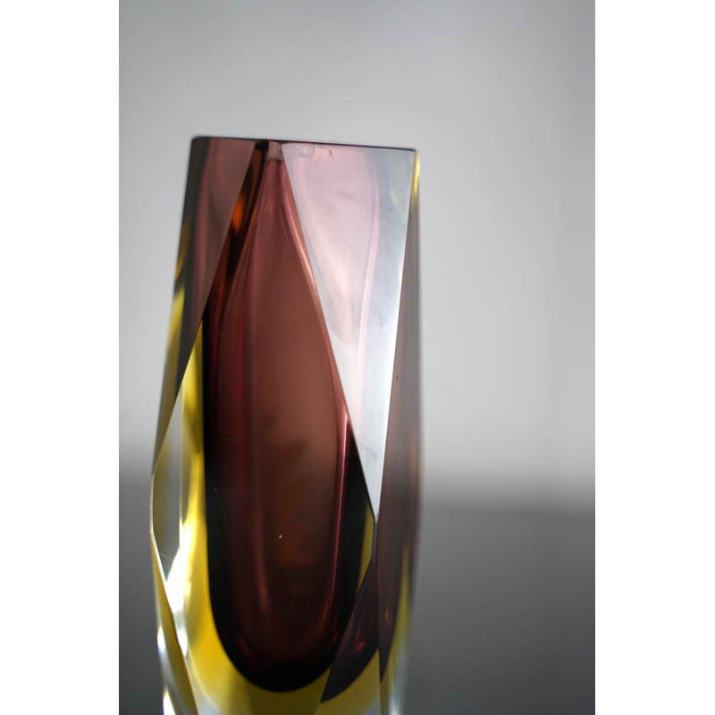 Vase vintage en verre de Murano "sommerso" violet et jaune de Flavio Poli. Italie 1960